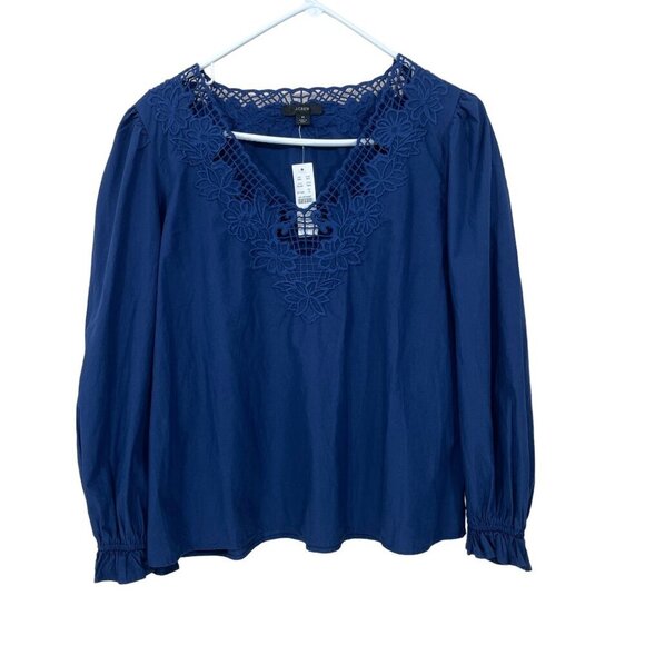 NWT J Crew Women Size M Blouse Eyelet Trim Embroidered Long Sleeve V-Neck  NEW - Picture 1 of 6